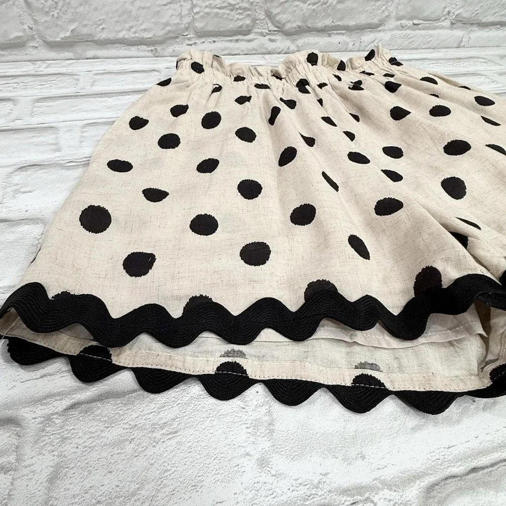 Aaron & Amber Linen Blend Shorts Khaki Black Polkadot Scalloped Hem Flowy Boho S